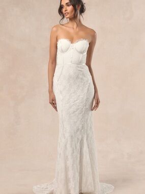 NWT Lulus Strapless White Bustier Lace Mermaid Wedding Dress XS